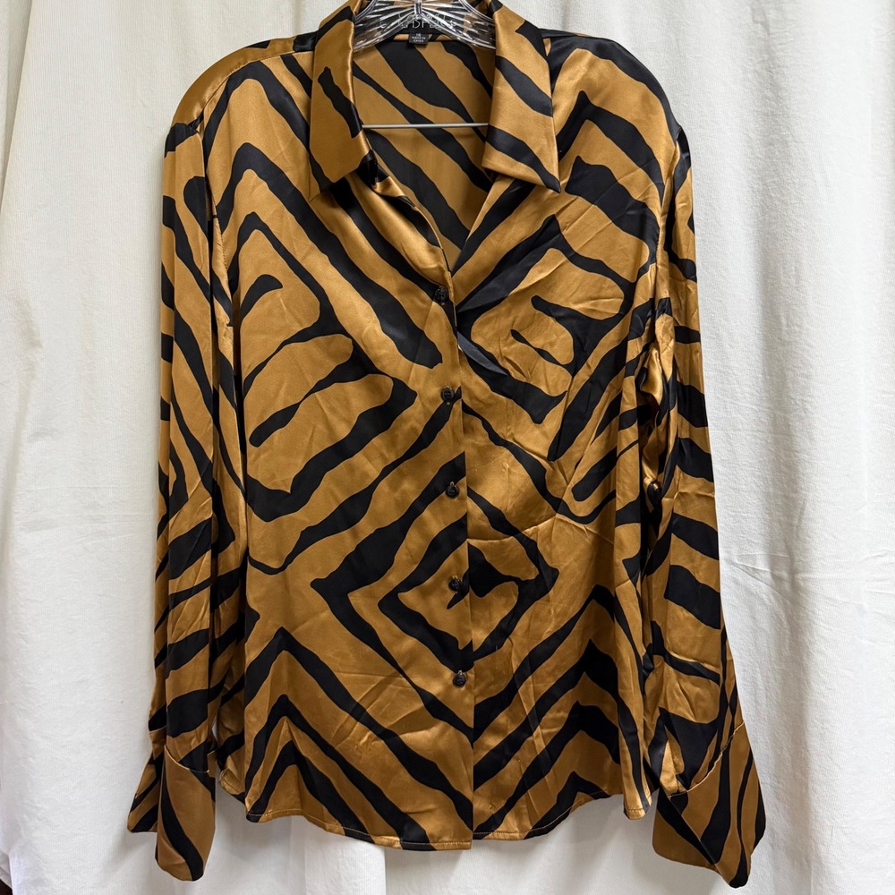 VTG Kasper Womens Silk Button Down Blouse Gold Black Animal Print Size 16 Top